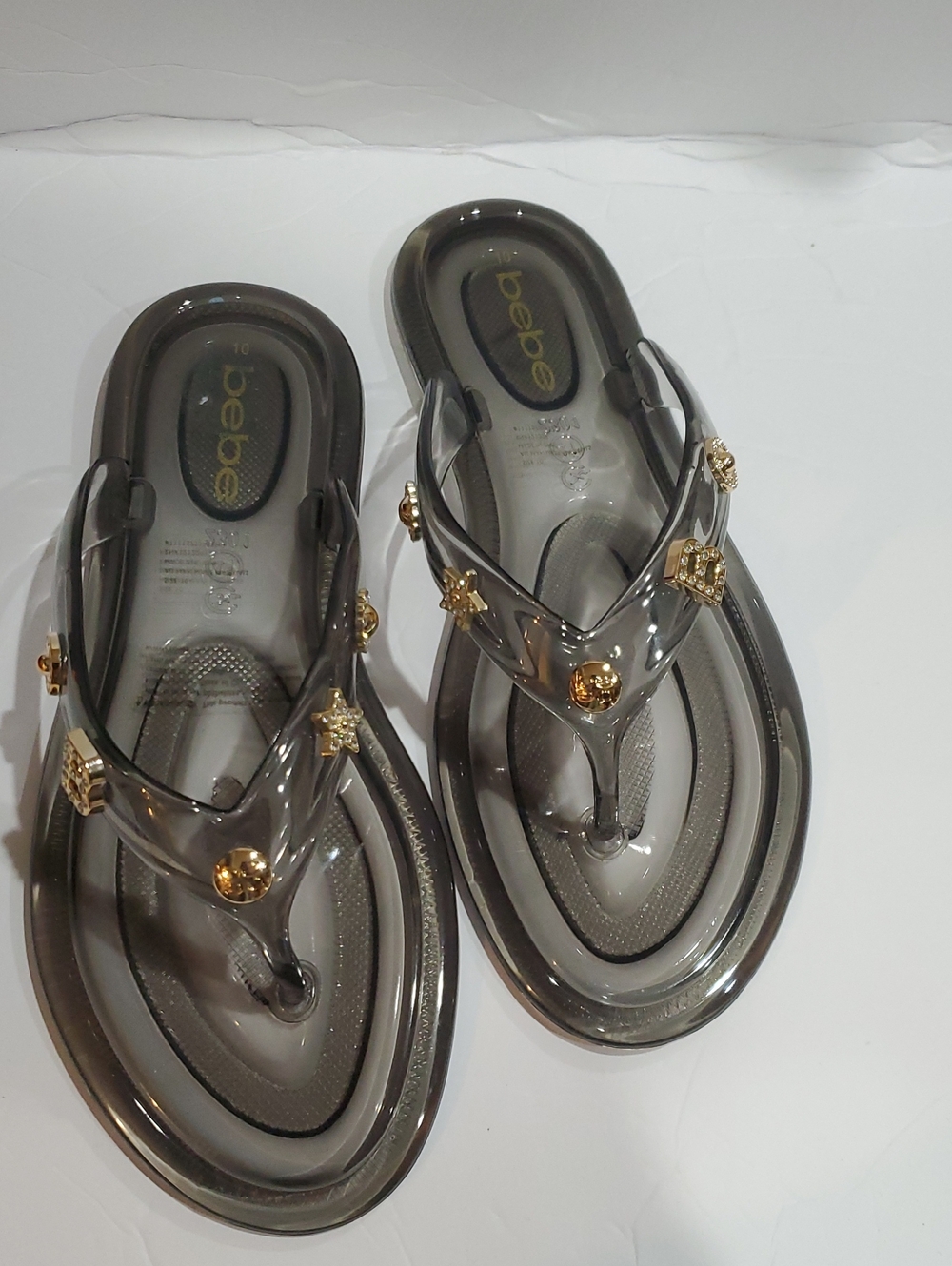 Bebe clear smoke jelly thong flip flops with B monogram logo and charms size 10
